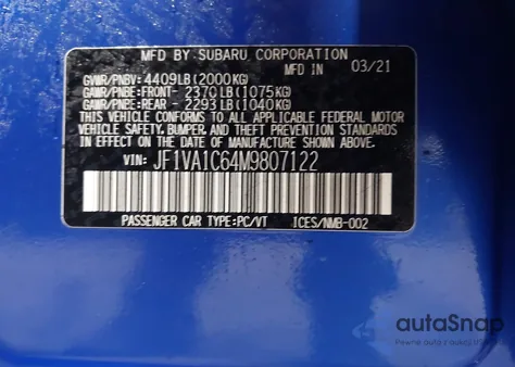 2021 Subaru Wrx Premium z USA, uszkodzony, nr VIN JF1VA1C64M9807122